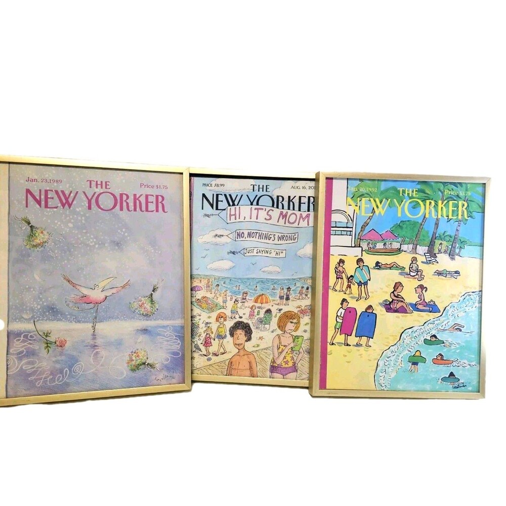 Set of 3 Framed The New Yorker Cover Prints Hi It’s Mom Coastal Beach Palm Tree